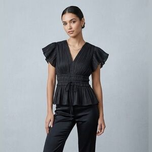 Joie Black Pleated V-Neck Peplum Blouse Size XS